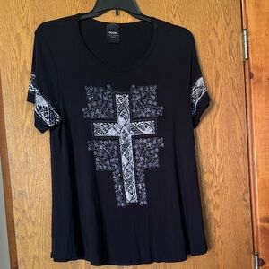 Vocal Black Tee with White Paisley Cross and Sleeve Panels